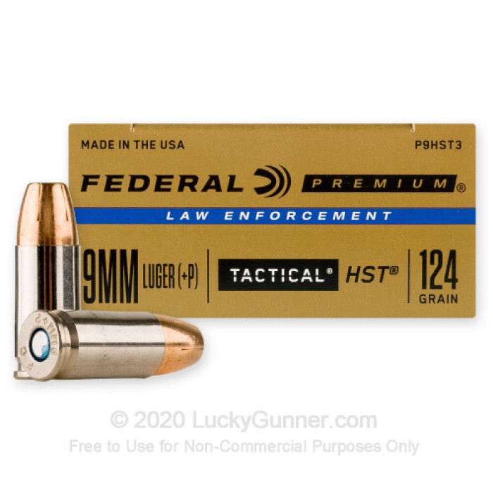 Federal Premium Tactical 9 mm +P 124 Grain Jacketed Hollow Point Nickel Plated Brass Cased Centerfire Pistol Ammo, 50 Rounds, P9HST3