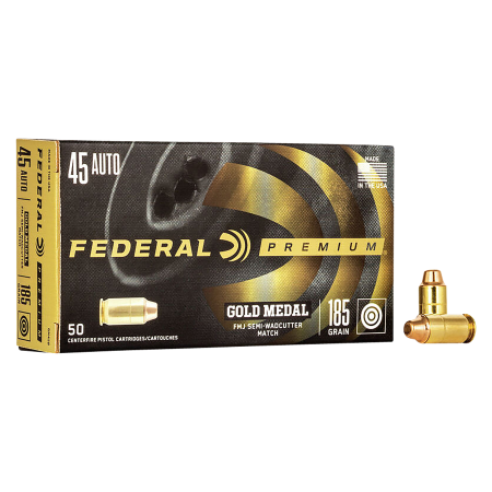 Federal Premium Gold Medal .45 ACP 185 Grain FMJ Semi-Wadcutter Handgun Ammo