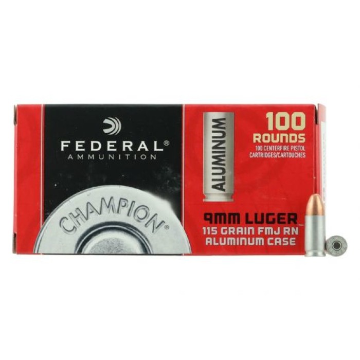 Federal Champion 9mm 115 gr FMJ 100 Rounds Aluminum Cased Ammunition - CAL9115100