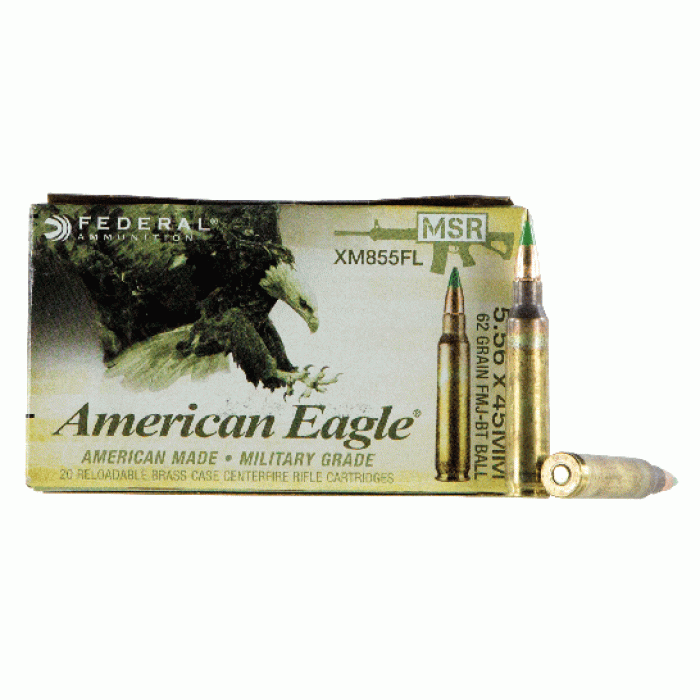 Federal American Eagle 62 GR FMJBT 5.56 Ammo, 20rds/box - XM855FL