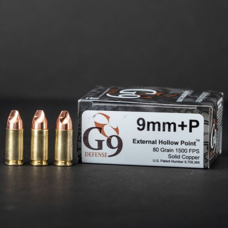 G9 Defense 9mm +P 80 Grain Hollow Point Brass Cased Pistol Ammo, 20 Rounds, E-9MMP-80A