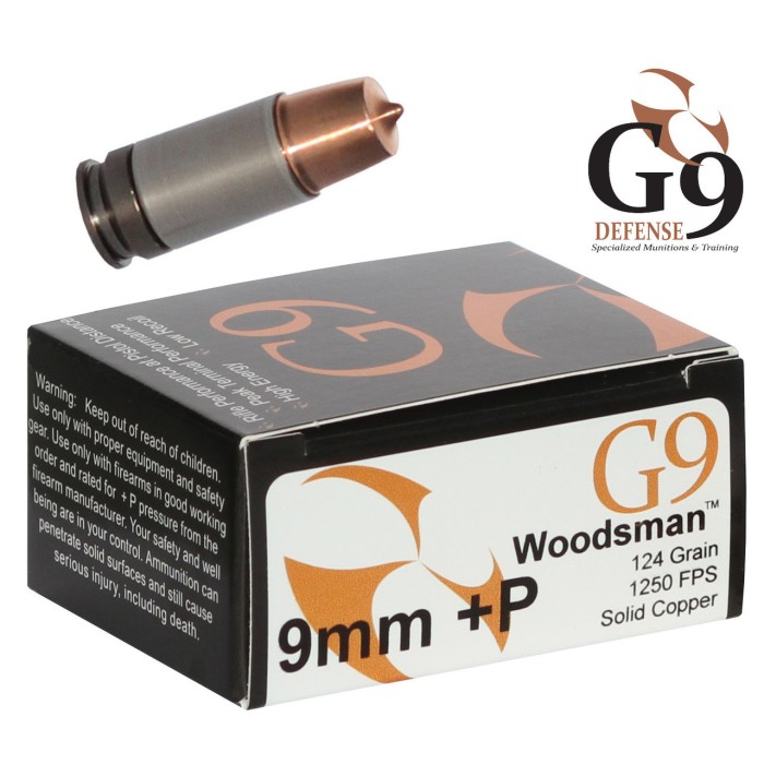 G9 Defense 9mm+P 124 Grain Copper Solid Brass Cased Pistol Ammo, 20 Rounds, WM-9MM-124A