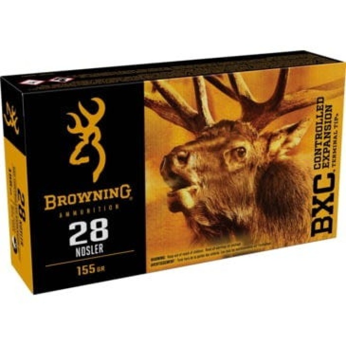 Browning BXC .28 Nosler 155 grain Controlled Expansion Terminal Tip Centerfire Rifle Ammo, 20 Rounds, B192200281