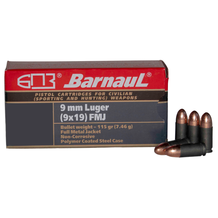 Barnaul 9Mm Pistol Ammo - 115 Grain  Fmj  Steel Casing  500Rd Case BRN9MMLUGERFMJ115-CASE