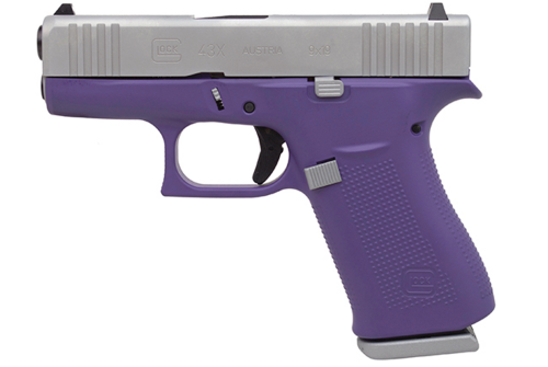 Glock 43X Subcompact 9mm, 3.41" Barrel, Silver/Bright Purple, Fixed Sights, 2x10rd Mags