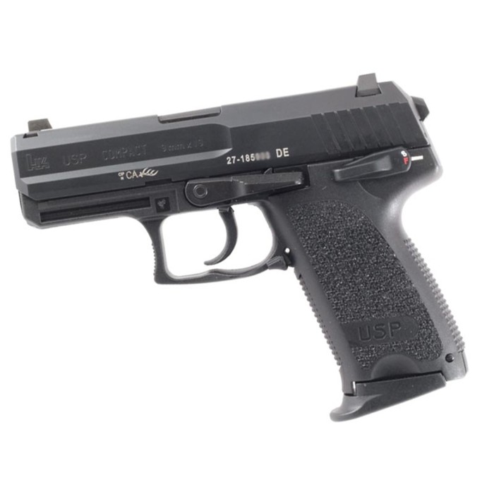 HK, USP9, Double Action/Single Action, Polymer Frame Pistol, Compact, 9mm, 5.2" Barrel, Black, Night Sights, Manual Thumb Safety, 10 Rounds, 3 Magazines