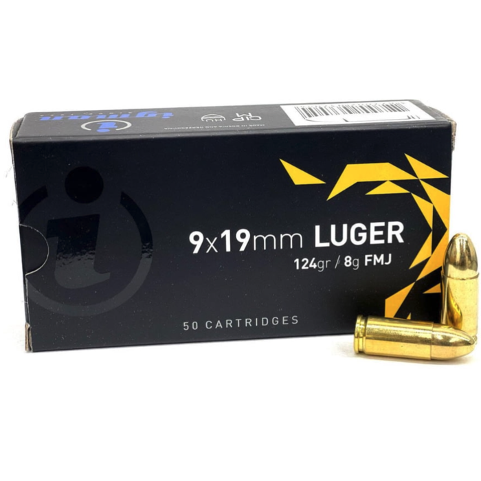 Igman, 9mm Luger, 124 grain, Full Metal Jacket, Brass, Centerfire Pistol Ammo, 50 Rounds, IGMAN9mmb