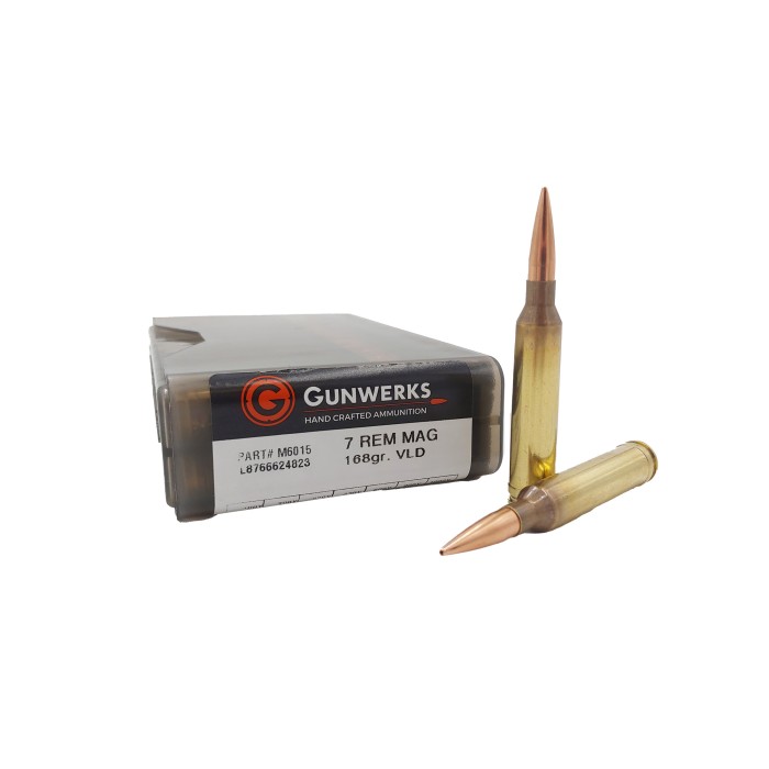 Gunwerks 7 Remington Magnum 168 Grain Berger VLD Rifle Ammo, 20 Rounds, AY-M6015