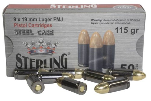 STERLING 9MM 115GR FMJ STEEL CASED AMMUNITION 50rd BOX