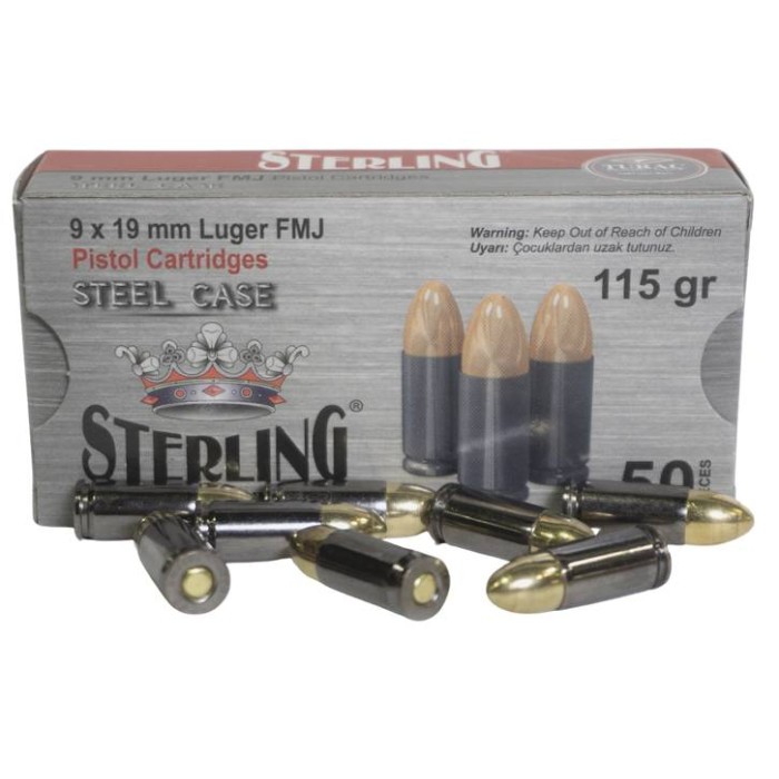 STERLING 9MM 115GR FMJ STEEL CASED AMMUNITION 50rd BOX