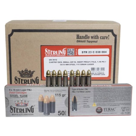 STERLING 9X19MM LUGER FMJ STEEL CASING 115GR CASE1500 UPC: 8698779967215