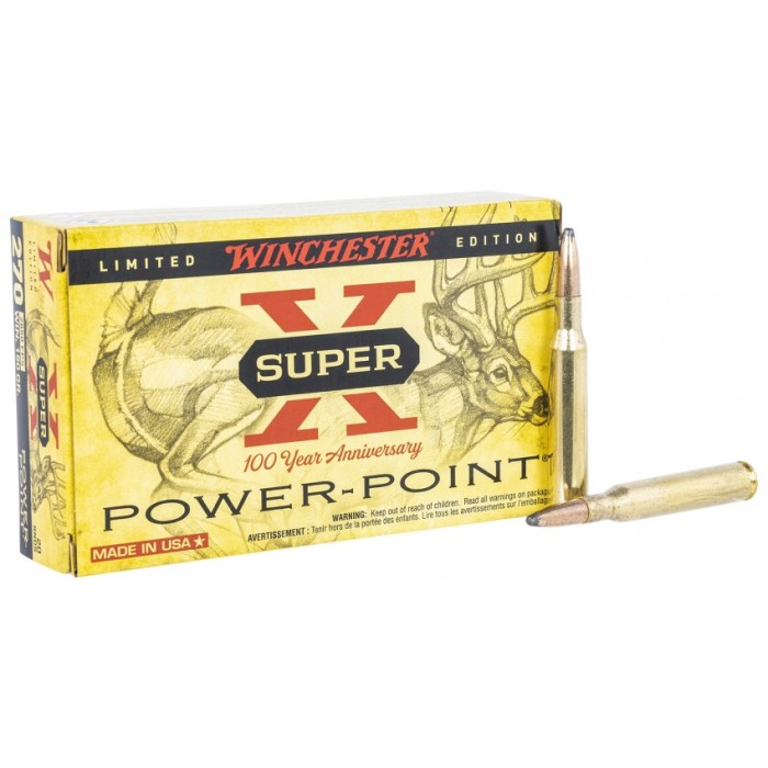 Winchester Ammo Super X 100th Anniversary .270 Winchester 150 Grain Power-Point Brass Cased Centerfire Rifle Ammo, 20 Rounds, X270100