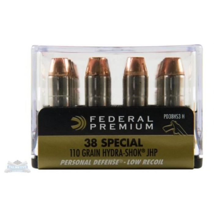 Federal Premium Personal Defense Hydra-Shok Low Recoil 38 Special 110 Grain Jacketed Hollow Point Centerfire Pistol Ammunition, 20 Rounds, PD38HS3 H