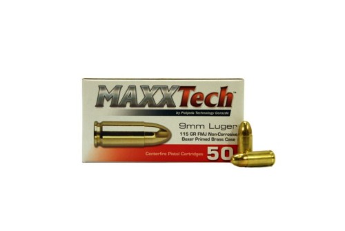 Maxxtech 9mm 115gr FMJ Brass Cased Ammunition 50rds - PTGB9MMB