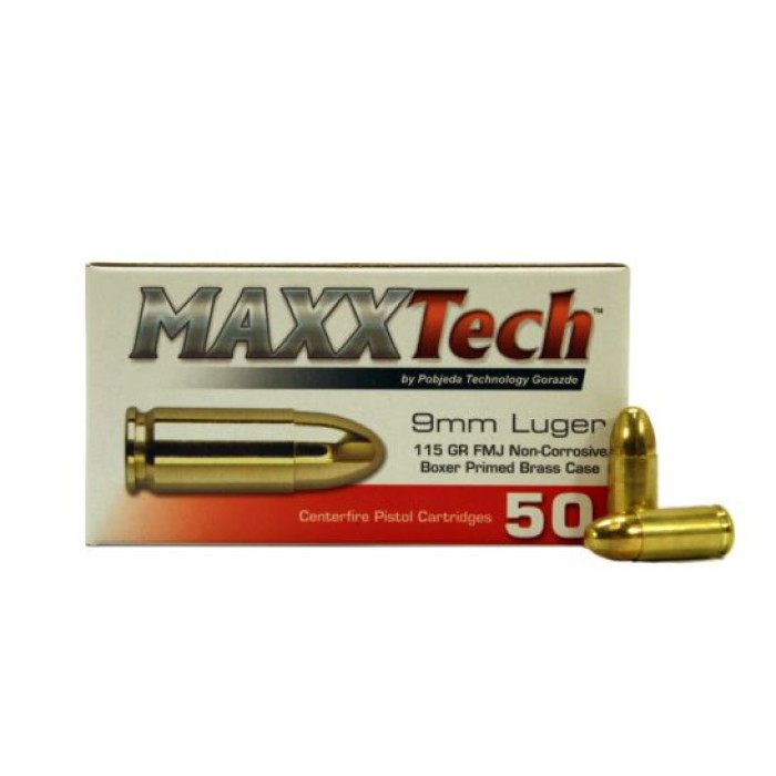 Maxxtech 9mm 115gr FMJ Brass Cased Ammunition 50rds - PTGB9MMB