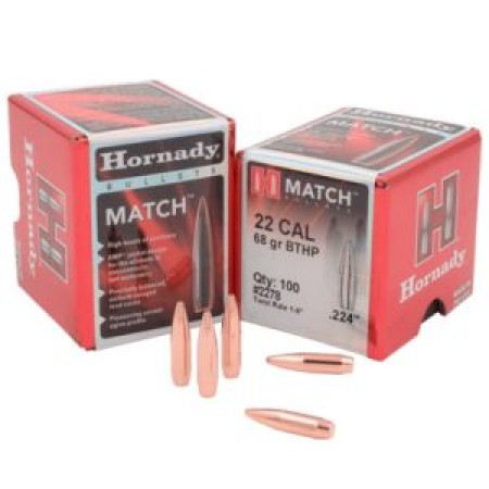 Hornady 2278 Match  .22 Cal .224 68 gr Boat Tail Hollow Point Match 100 Per Box