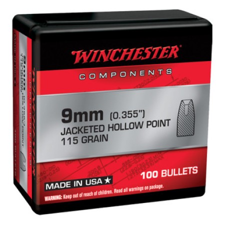 WINCHESTER AMMO Components 9mm JHP 115 Grain 100 Handgun Bullets (WB9JHP115X)