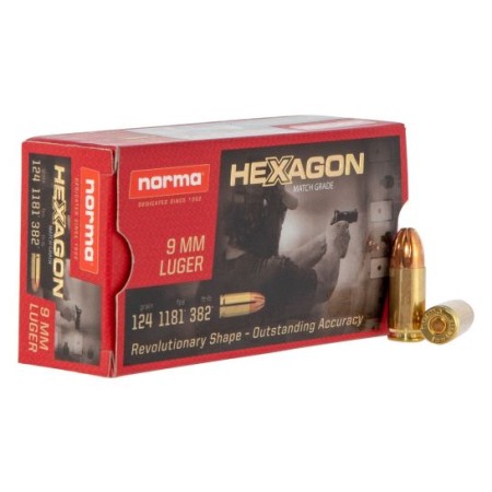 Norma Ammunition 124 gr Hexagon 9mm Ammo, 50/box - 299140050