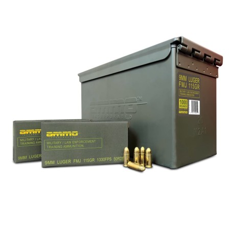 Ammo Inc Military / Law Enforcement 9mm Luger Handgun Ammo, 115 Grain, FMJ, 1000rd Can