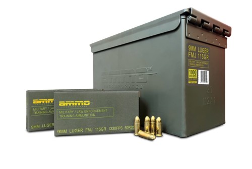 Ammo Inc Military / Law Enforcement 9mm Luger Handgun Ammo, 115 Grain, FMJ, 1000rd Can