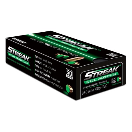 Ammo, Inc. Streak .380 Auto 100 Grain Tracer-Like Full Metal Jacket Brass Cased Green Pistol Ammo, 50 Rounds, 380100TMC-STRK-GRN-50