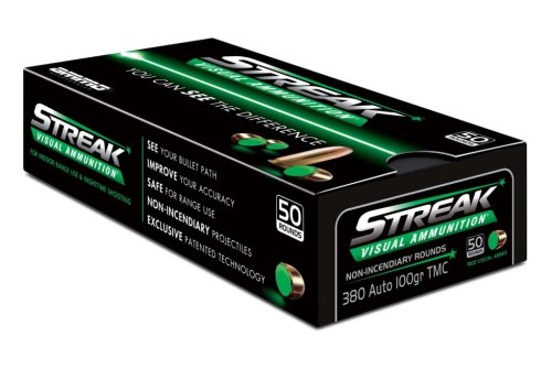 Ammo, Inc. Streak .380 Auto 100 Grain Tracer-Like Full Metal Jacket Brass Cased Green Pistol Ammo, 50 Rounds, 380100TMC-STRK-GRN-50