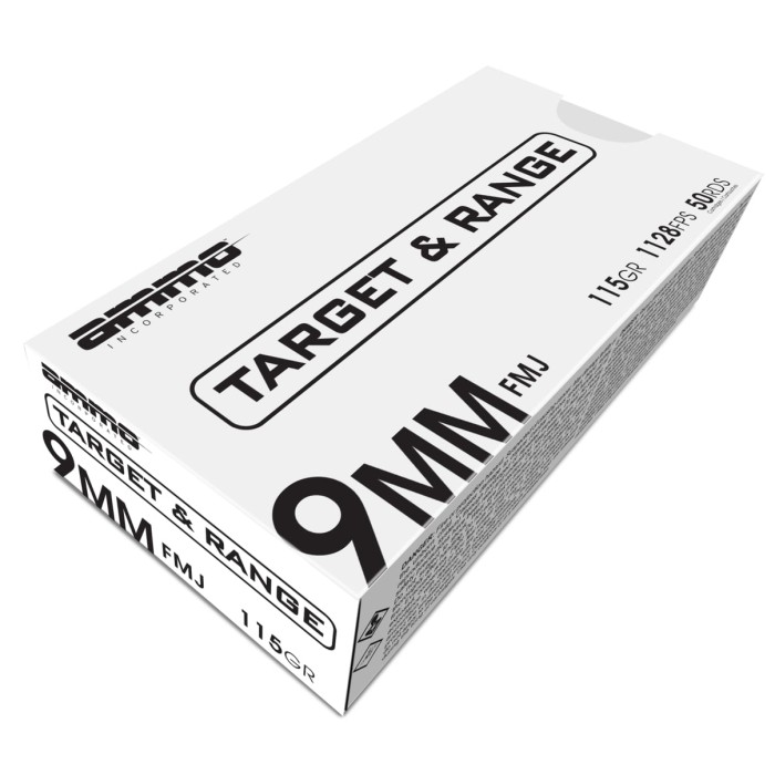 Ammo Inc. Target and Range Handgun Ammunition 9mm Luger 115 gr FMJ 1128 fps 50/ct