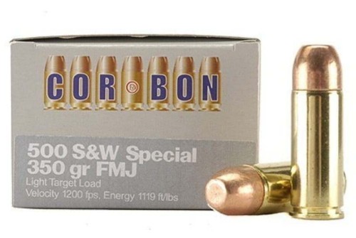 Cor Bon .500 S&W Magnum 350 Grain Full Metal Jacket Brass Cased Pistol Ammo, 12 Rounds, HT500SW350FMJ