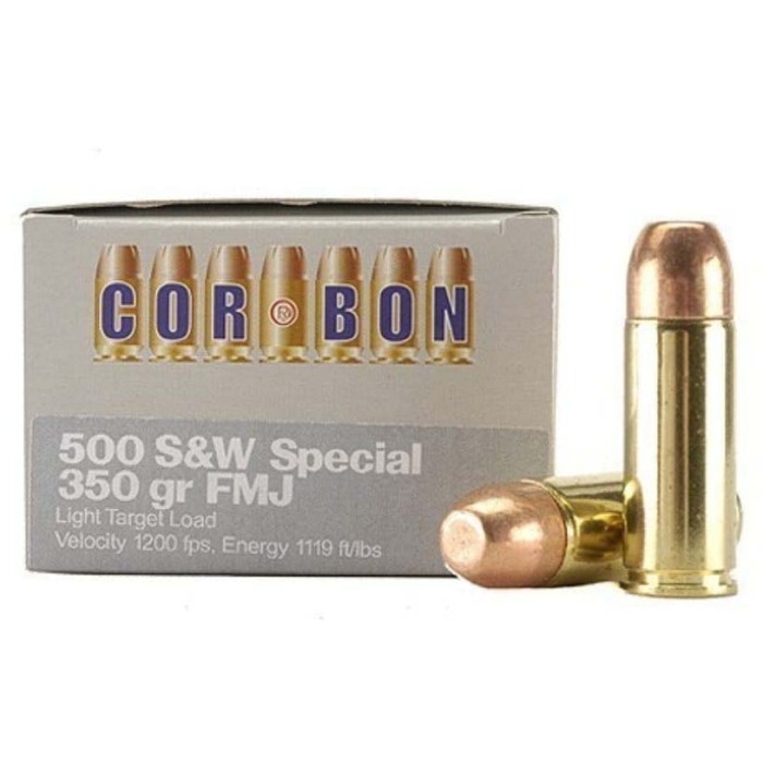 Cor Bon .500 S&W Magnum 350 Grain Full Metal Jacket Brass Cased Pistol Ammo, 12 Rounds, HT500SW350FMJ