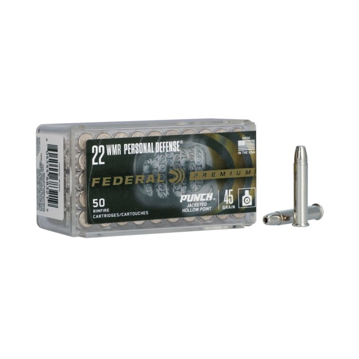 Federal Premium Personal Defense Punch Rimfire 22 WMR 45 Grain Punch JHP Rimfire Ammunition, 50 Rounds, PD22WMR1