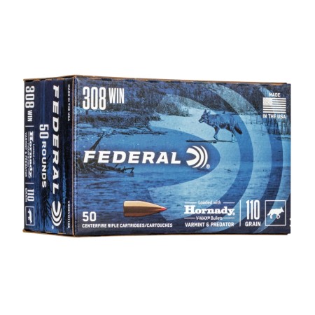 Federal Premium Varmint & Predator 308 Win 110 Grain Hornady V-Max Bulk Brass Cased Centerfire Rifle Ammunition, 50 Rounds, V308VM110B