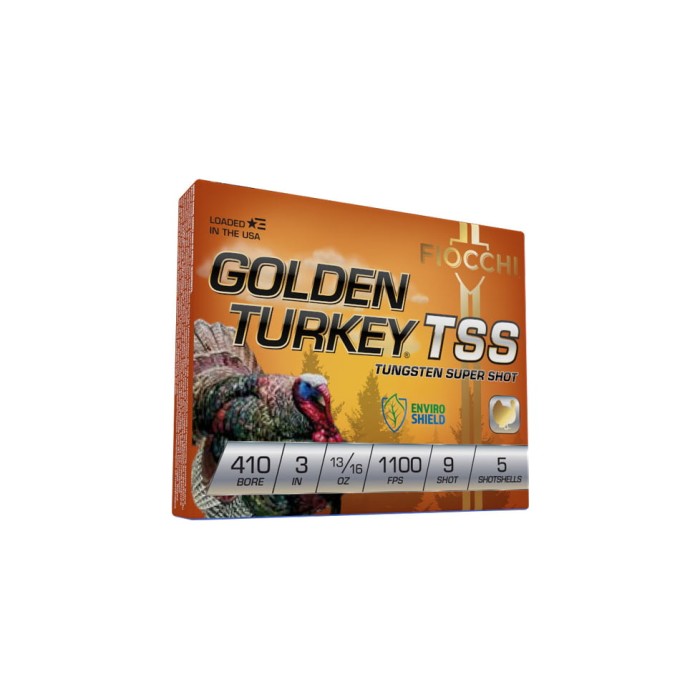 Fiocchi Golden Turkey Tss .410 13/16oz 3in 1100fps 9 Shot Centerfire Shotgun Ammunition, 5 Rounds, 410TSS9