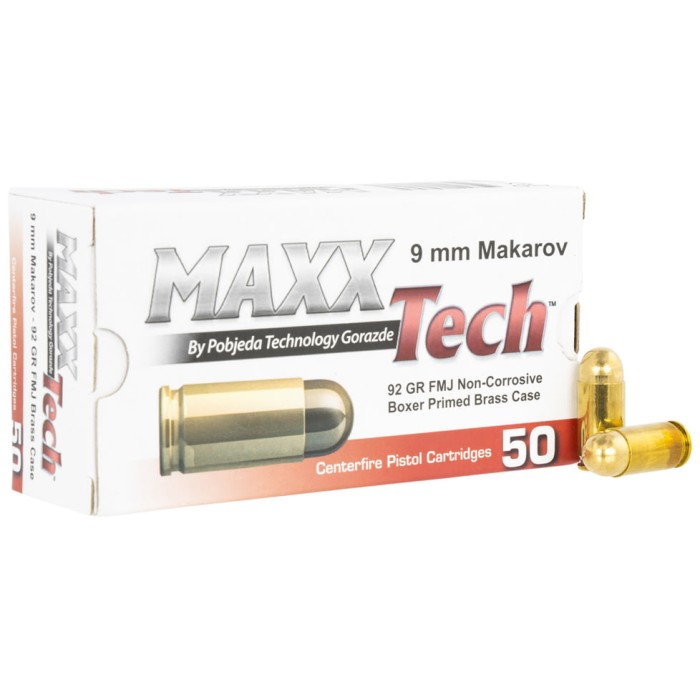 MaxxTech 9X18MAK Standard 9x18 Makarov 92 Gr Full Metal Jacket FMJ 50 Bx/20 C