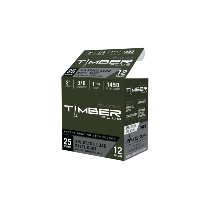 Migra Timber Plus 12 Gauge 1 1/4 oz 3in 1450 ft/s #3 Steel/ #6 Bismuth Staxd Load Centerfire Shotgun Shot Ammo, 25 Rounds, M-12SB3-6