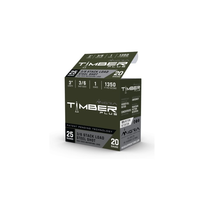 Migra Timber Plus 20 Gauge 1 oz 3 in 1400 ft/s #3 Steel/ #6 Bismuth Staxd Load Centerfire Shotgun Shot Ammo, 25 Rounds, M-20SB3-6