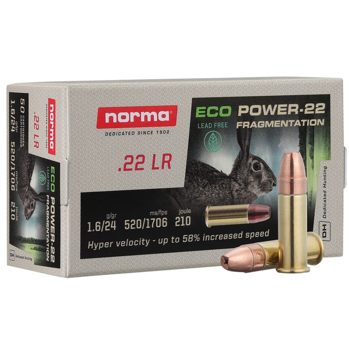 Norma Rimfire Ecopower .22 LR 24 Grain Jacketed Hollow Point Brass Cased Ammo, 50 Rounds, 2423774