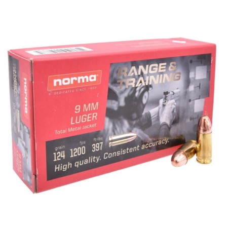 Norma Range and Training 9 mm 124 Grain Full Metal Jacket Brass Cased Pistol Ammo, 50 Rounds, 801902144