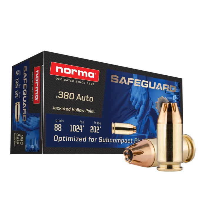 Norma Safeguard .380 AUTO 88 Grain Jacketed Hollow Point Brass Cased Pistol Ammo, 50 Rounds, 803807680