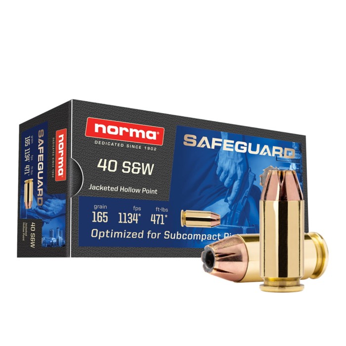 Norma Safeguard .40 S&W 165 Grain Jacketed Hollow Point Brass Cased Pistol Ammo, 50 Rounds, 801407887