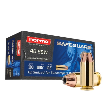 Norma Safeguard .40 S&W 180 Grain Jacketed Hollow Point Brass Cased Pistol Ammo, 50 Rounds, 801407727