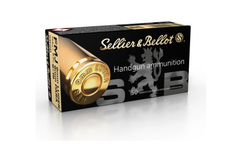 Sellier & Bellot Handgun, 9mm Luger, 124 Grain, FMJ, Brass Case, Centerfire Pistol Ammo, 50 Rounds Box, SB9B