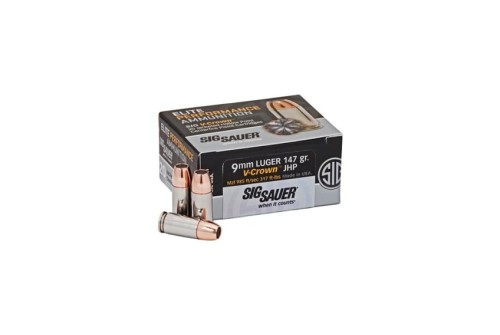 Sig Sauer Elite 9mm 147 Gr V-Crown JHP 50rd box LE/MIL/IOP - Nickel Plated Brass Casing