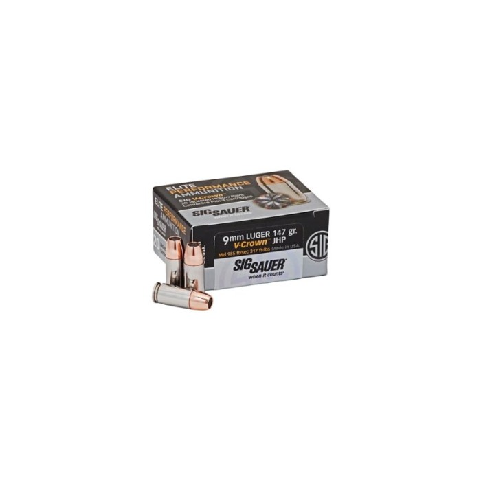 Sig Sauer Elite 9mm 147 Gr V-Crown JHP 50rd box LE/MIL/IOP - Nickel Plated Brass Casing