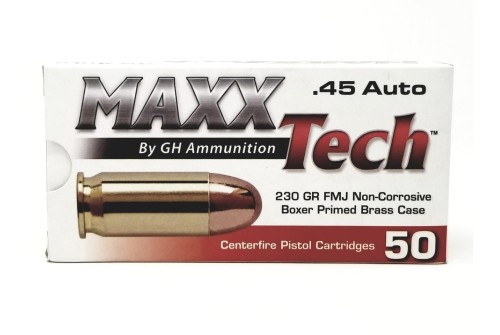 MAXXTECH .45 ACP 230 Grain Full Metal Jacket Brass Cased Centerfire Pistol Ammo, 50 Rounds, PTGB45B