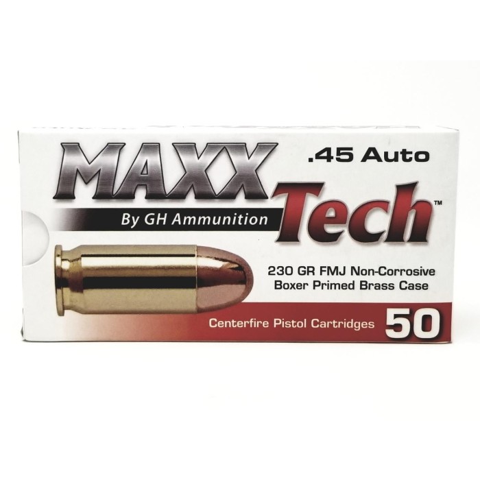 MAXXTECH .45 ACP 230 Grain Full Metal Jacket Brass Cased Centerfire Pistol Ammo, 50 Rounds, PTGB45B