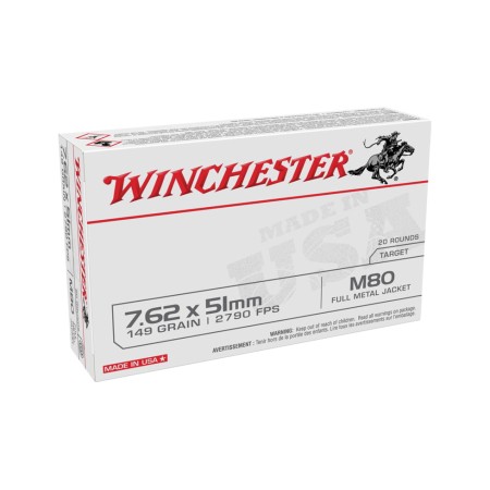 Winchester Lake City M80 Rifle Ammo 7.62x51mm 149gr FMJ 2790 fps 500/ct, WM80C