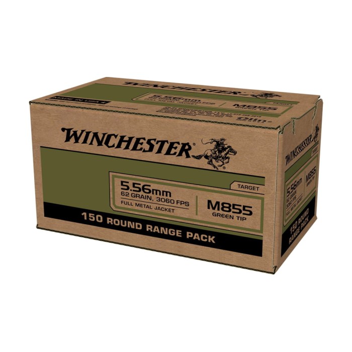 Winchester Lake City M855 Rifle Ammunition 5.56mm 62gr FMJ 1255 fps 600/ct Case of 4-150 Boxes, WM855150C