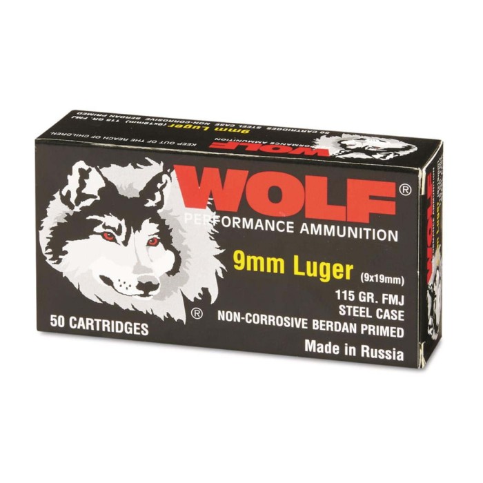 Wolf, 9mm, FMJ, 115 Grain, 50 Rounds