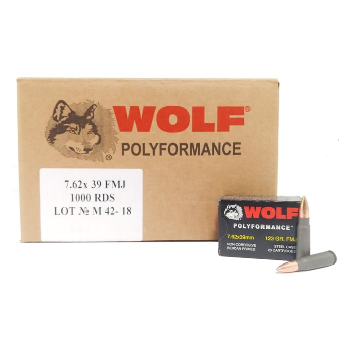 Wolf Ammo WPA Polyformance Rifle Ammo 7.62x39mm 123 gr FMJ 2936 fps 1000/ct, 762BFMJ CASE