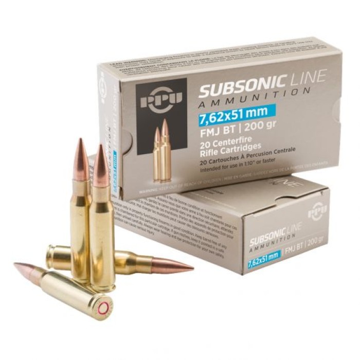 PRVI Partizan 7.62x51mm FMJ BT Subsonic Ammunition 20rd Box - PPS762